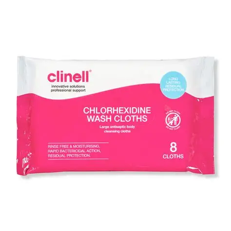 CLINELL CHLORHEXIDINE WASH CLOTH 8S 